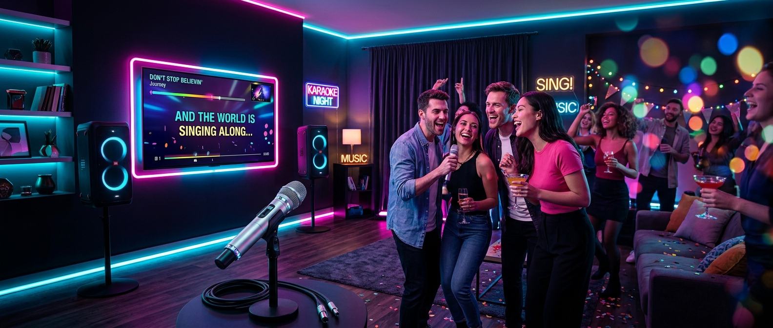 Karaoke party setup with neon lights